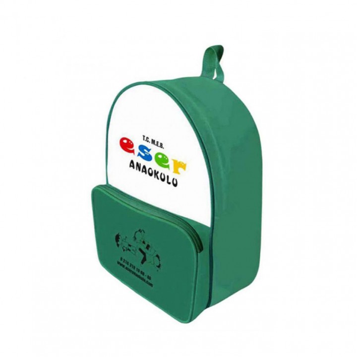 Promosyon Yeşil Beyaz Ön Cepli PVC İsimlikli Anaokulu ve Kreş Çantası